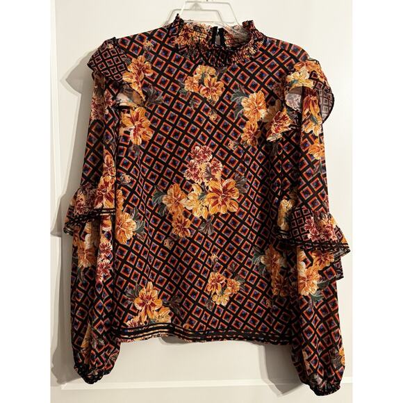 Jealous Tomato Long Sleeve Floral Womens Top Blouse Brown Office Academia Size L - Picture 1 of 10